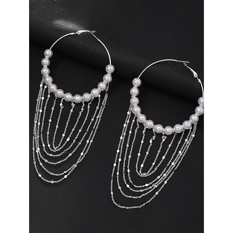 Women's Large Pearl Hoop Earrings with Layered Gold Chains - Statement Jewelry for Party Outfits, Nightclub Fashion & Special Occasions4