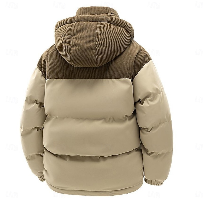 Men's Corduroy Puffer Jacket Padded Pocket Full Zip Hooded Christmas Outdoor Street Regular Neutral Fashion Daily Winter Solid Color Color Block Black Green Khaki Puffer Jacket2