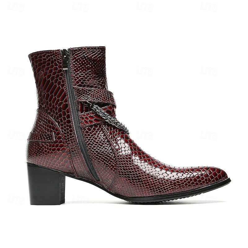 Men's Genuine Cowhide Leather Croc Embossed Ankle Boots with Chain Buckle – Vintage Western Style Dress Boots for Parties and Stage Performance4
