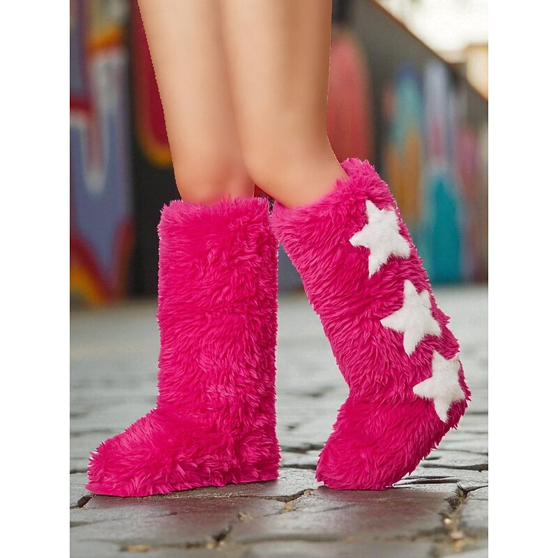 Women's Pink Furry Star  Boots - Y2K Kawaii Knee High Plush Shoes for Kpop Streetwear , Music Festival Looks and TikTok Outfits