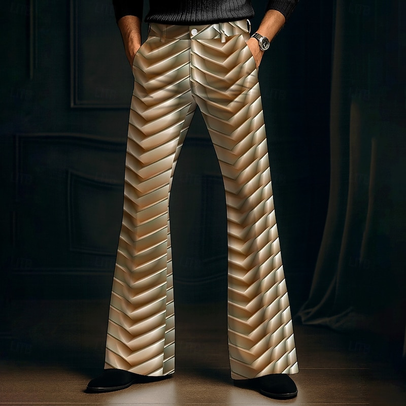 Men's Optical Illusion Geometric Pattern Disco Pants 60s 70s Bell Bottoms Mid Waist Western Vintage Retro Outdoor Vacation Casual Side Pockets Flared Leg Pants Trousers Spring Fall 3D Print Blue