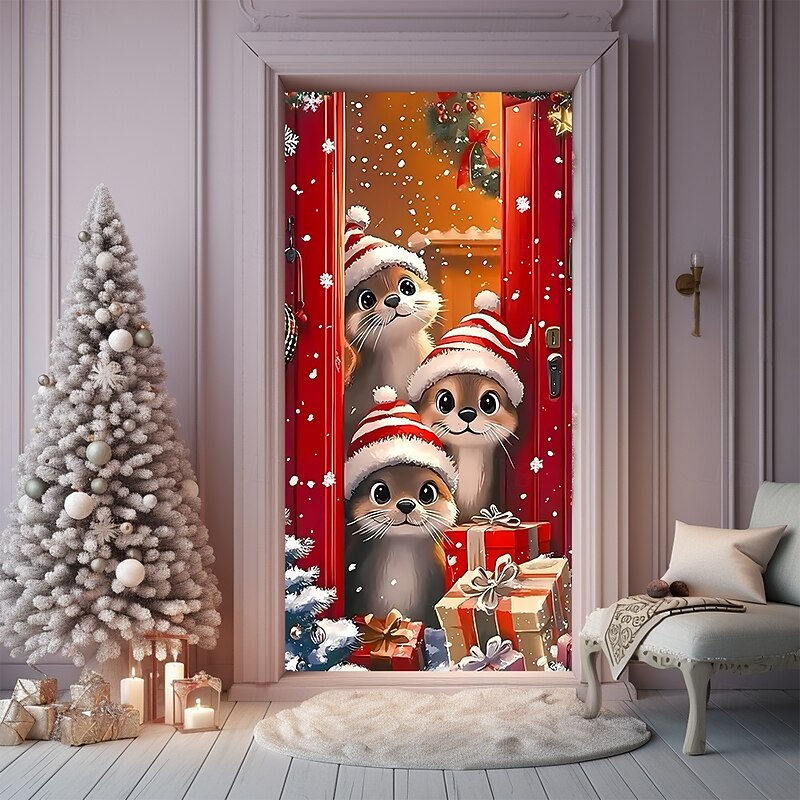 Christmas Posters Door Cover Outdoor Banners Santa Claus Squirrel Cute 3D Party Dorm Teens Room College Dorm Guys Man Cave Frat Bedroom Shooting Backgrounds Home Decor