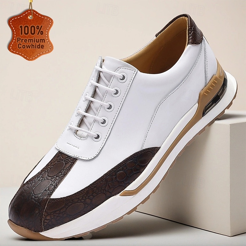 Men's White and Brown Casual Sneakers – Lightweight Lace-Up Walking Shoes with Comfort Sole for Travel, Daily Wear and Weekend Outings