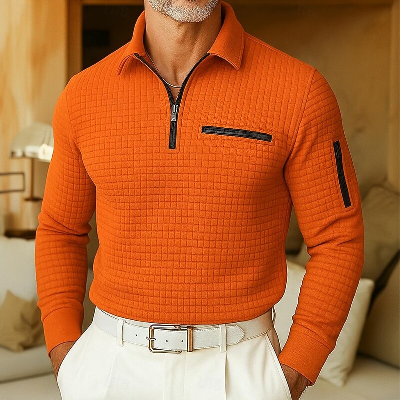 Men's Golf Polos Shirts Waffle Knit Polo Shirt Business Casual Lapel Quarter Zip Long Sleeve Fashion Basic Solid Color Knitting Zipper Pocket Fall Winter Regular Fit White Navy Blue Blue Orange Golf4