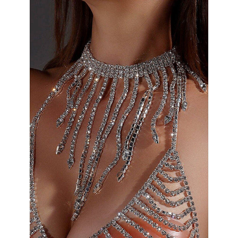 Women's Rhinestone Fringe Choker Necklace - Sparkly Statement Jewelry for Nightclub, Cocktail and Party Outfits