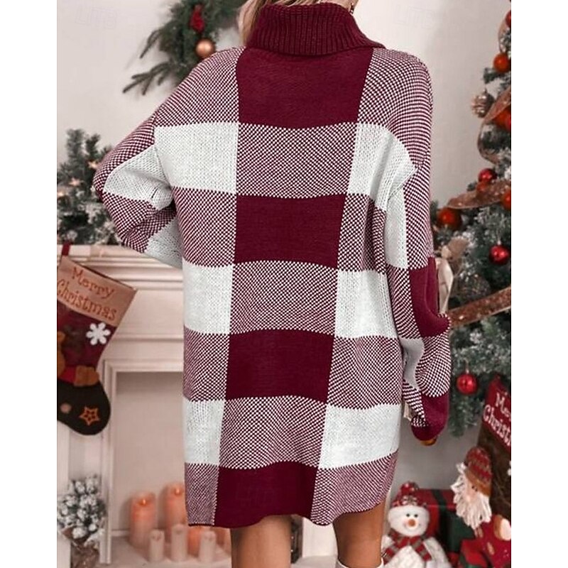 Women's Sweater Pullover Fashion Casual Checkered Ribbed Turtleneck Knitted Long Sleeve Long Tops Knit Christmas Outdoor Daily Red Fall Winter2