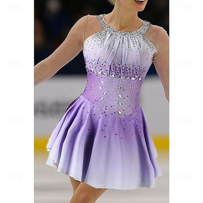 Figure Skating Dress Women's Girls' Ice Skating Dress Light Purple Patchwork Asymmetric Hem Mesh Spandex High Elasticity Training Competition Skating Wear Classic Crystal / Rhinestone Long Sleeve Ice