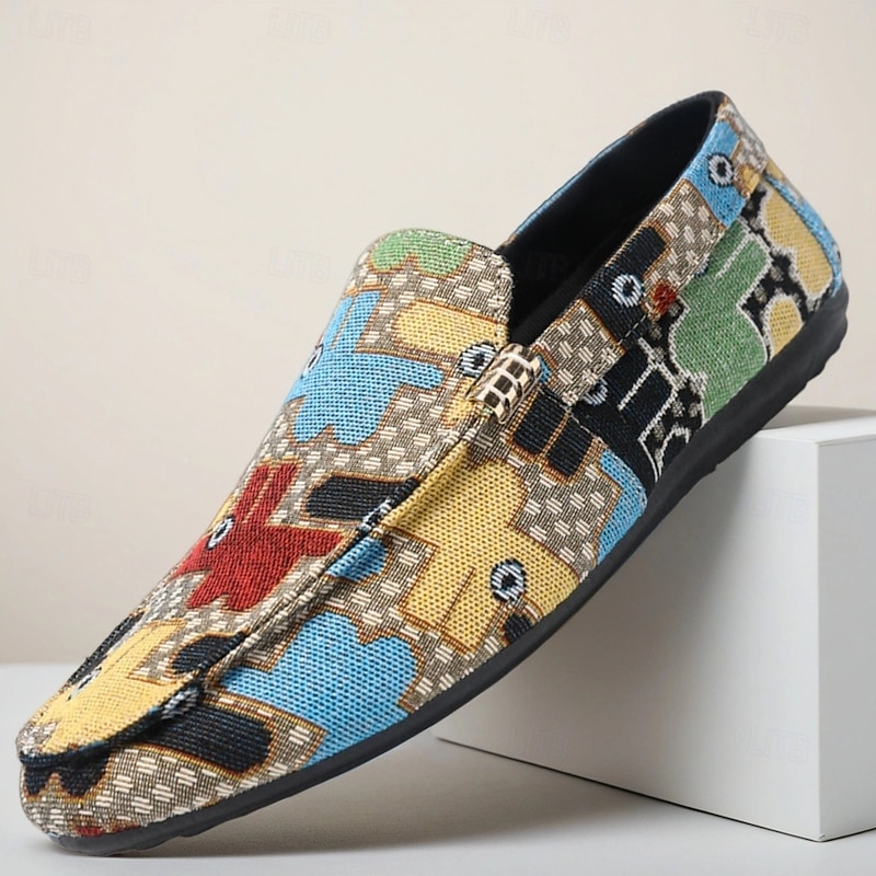 Men's Faux Leather Patchwork Loafers – Artistic Casual Slip-On Driving Shoes for Stylish Outings and Daily Wear