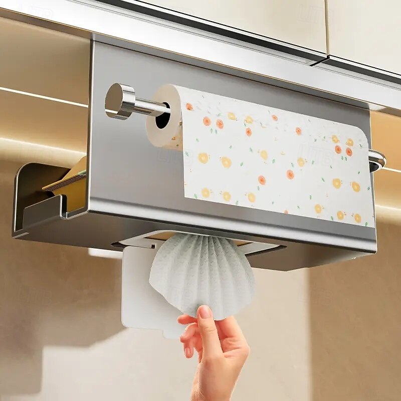 Wall-Mounted Cabinet Paper Towel Holder Under Cabinet Storage Box with Space-Saving Design Kitchen Storage Rack for Plastic Wrap and Dishcloths Modern Kitchen Countertop or Cabinet Organizer2
