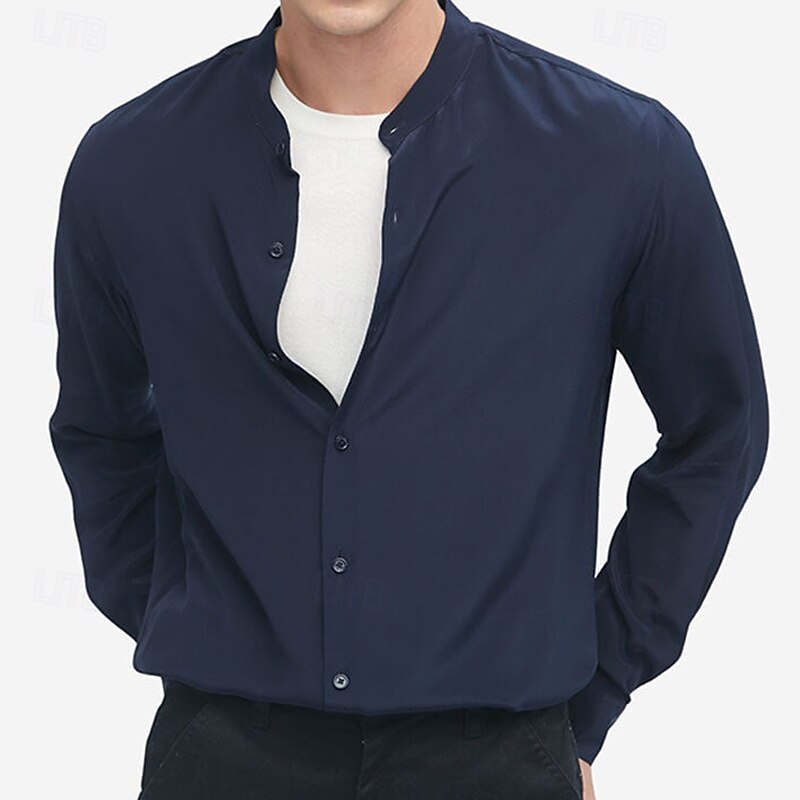 Men's Shirt Band Collar Shirt Satin Shirt Dress Shirt Casual Shirt Plain Formal Streetwear Black Navy Blue Gray Long Sleeve Mandarin Collar All Seasons Clothing Apparel4