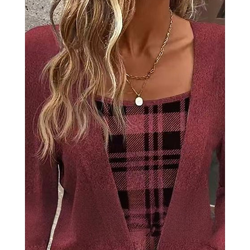 Women's Shirt Blouse Plaid Stylish Basic Casual Long Sleeve Square Neck Regular Tops Daily Holiday Print Wine Spring Fall Winter2