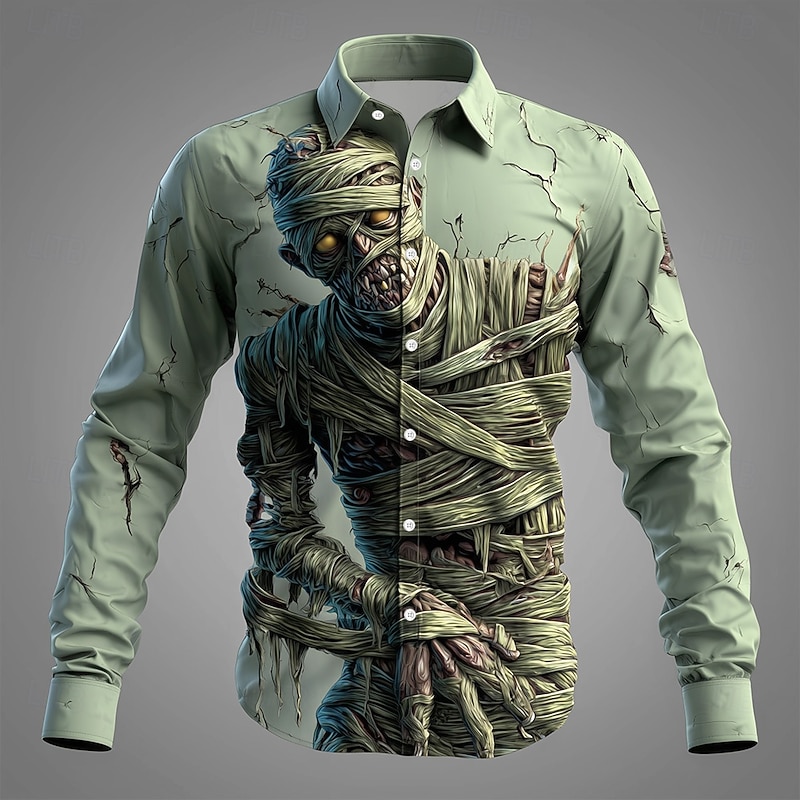 Halloween Men's Zombies Horror Mummy Shirt Button Up Shirt Long Sleeve Dark Gothic Style Holiday Streetwear Spring Fall Turndown 3D Print Collared Shirts Light Green Blue Purple Green