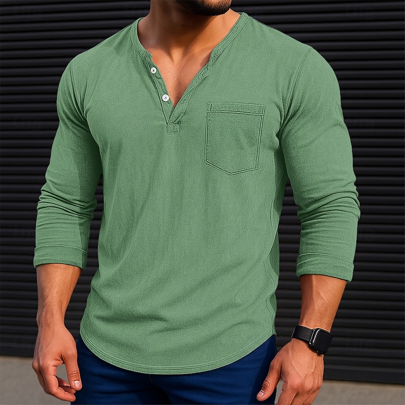 Men's Henley Shirt Long Sleeve Henley Spring Fall All Seasons Solid Color Retro Vintage Casual Pocket School Training Outdoor Blue Green Purple Top Tee for Men4