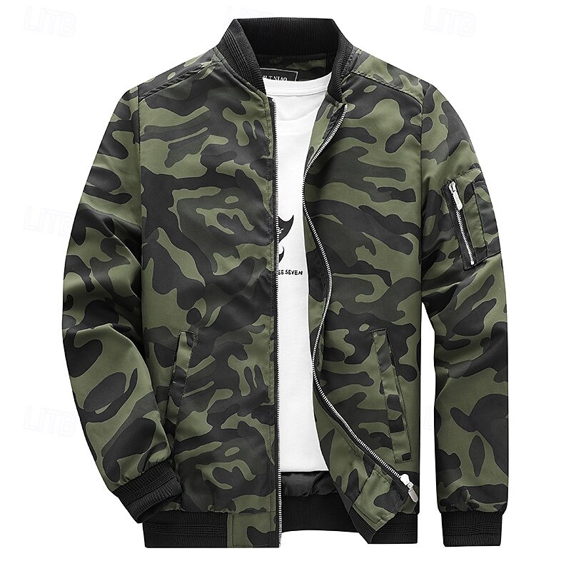 Men's Lightweight Jacket Bomber Jacket Casual Jacket Vacation Daily Breathable Pocket Spring Fall Camo / Camouflage Fashion Classic Stand Collar Regular Blue Army Green Jacket