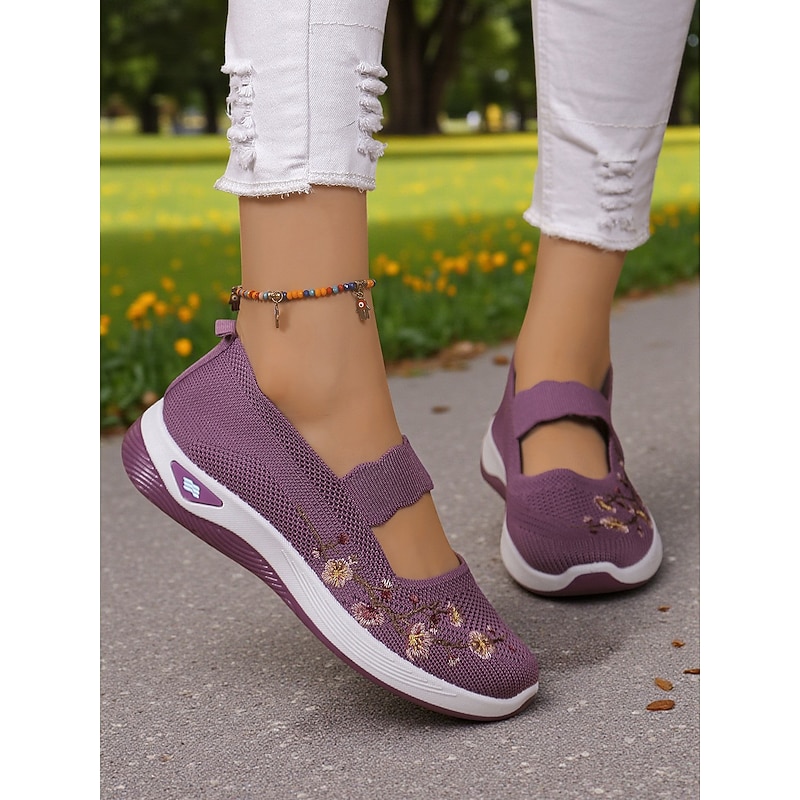 Women's Purple Flyknit Mary Jane Sneakers with Floral Embroidery, Lightweight Breathable Shoes for Walking and Casual Outfits