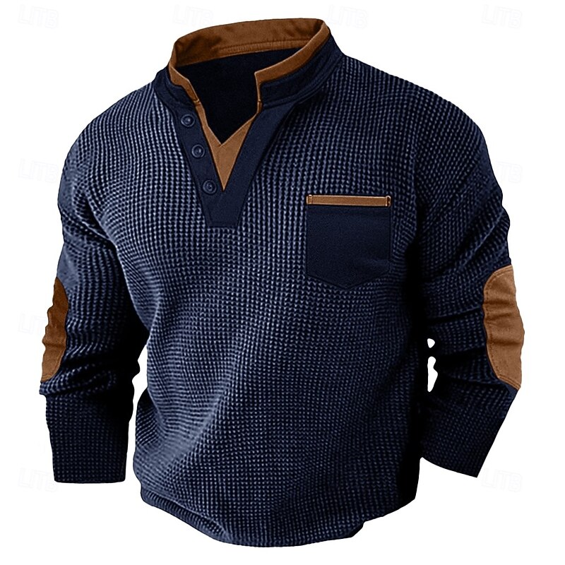 Men's Waffle Tee Waffle Henley Shirt Long Sleeve Henley Fall Spring &  Fall Solid Color Fashion Basic Casual Drawstring Pocket Vacation Home Street Black Gray Red Top Tee for Men2