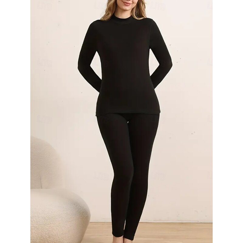 Women's Thermal Underwear Pajama Set Casual Comfort Pure Color Elastic Waist Pant Home Daily Long Sleeve Crew Neck Black Pink Red Purple Khaki Spring Fall Winter Tailored Fit2