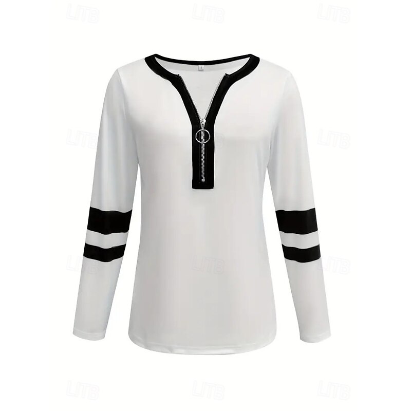Women's T Shirt Graphic Geometric Vintage Fashion Stylish Long Sleeve Crew Neck Regular Tops Daily Zipper Print Black White Red Blue Spring Fall Winter4