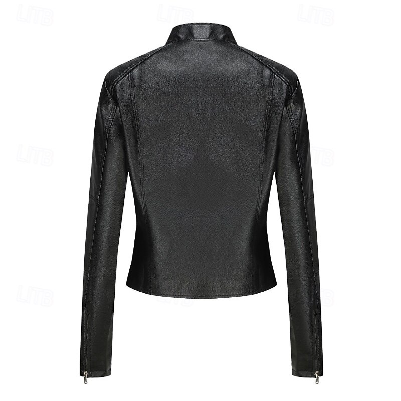 Women's Faux Leather Jacket Comfortable Zipper Pocket Casual Plain Outdoor Vacation Daily Wear Going out Regular Stand Collar Regular Fit Long Sleeve Outerwear Black Red Brown Fall Winter2
