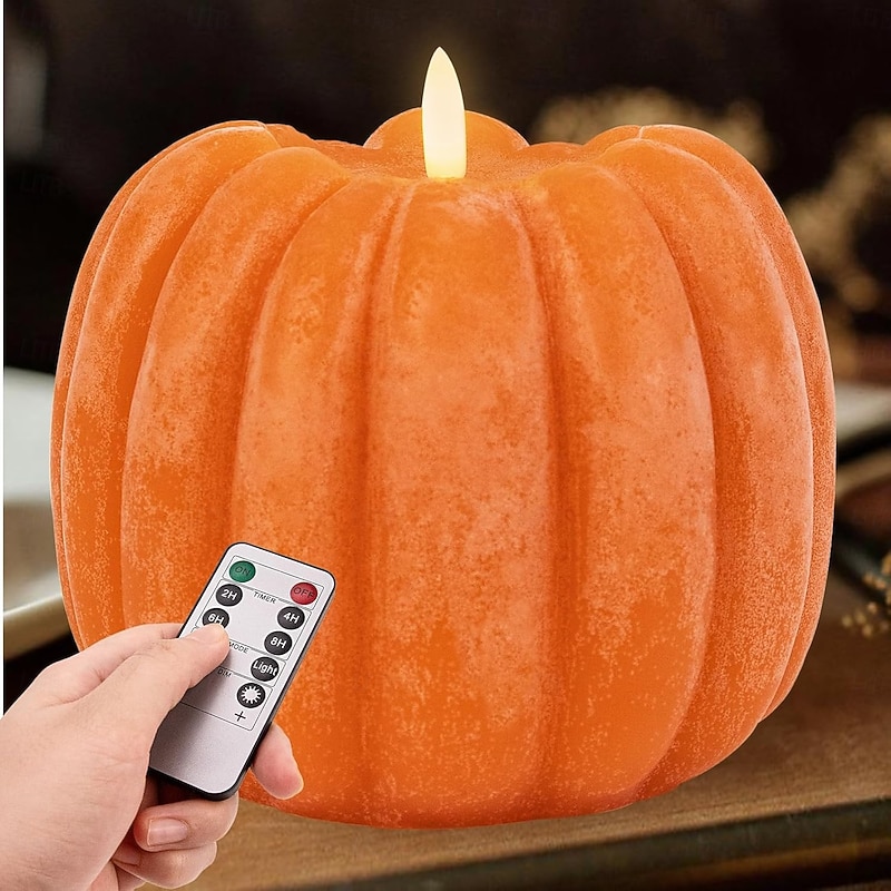 Autumn Pumpkin LED Electronic Flashing Flameless Candle Light Halloween Thanksgiving Indoor Party Desktop Decoration Light Pendant Light 8 Function Timer Remote Control AAA Battery Box Prop 5.3 * 4.9