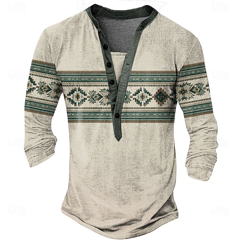Men's Aztec Ethnic T Shirt Henley Shirt Long Sleeve Vintage Designer Retro Vintage Street Casual Daily Summer Spring Fall Light Gray Blue Green Khaki Henley Henley T-Shirt