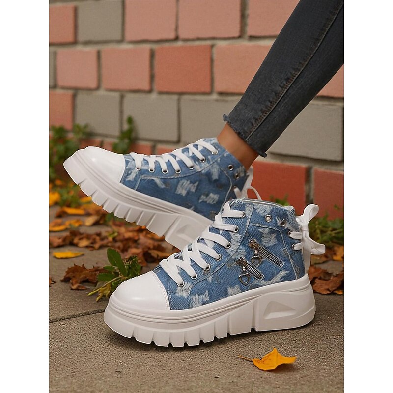 Women's Blue High Top Sneakers with Platform Sole and Zipper Accents – Trendy Casual Streetwear Shoes2