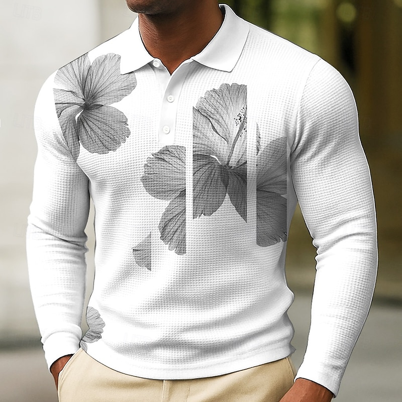 Men's Floral Waffle Polo Shirts Long Sleeve Polo Shirts Collared Shirts Casual Wear to work Daily Wear Buttons Spring Fall Winter Black White