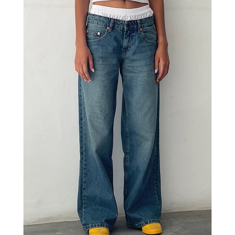 Women's Jeans Culottes Wide Leg Chinos Vintage Streetwear Casual Full Length Medium Waist Plain Pocket Elastic Waist Comfortable Inelastic Outdoor Vacation Street Black Grey River Blue Light Sky Blue4