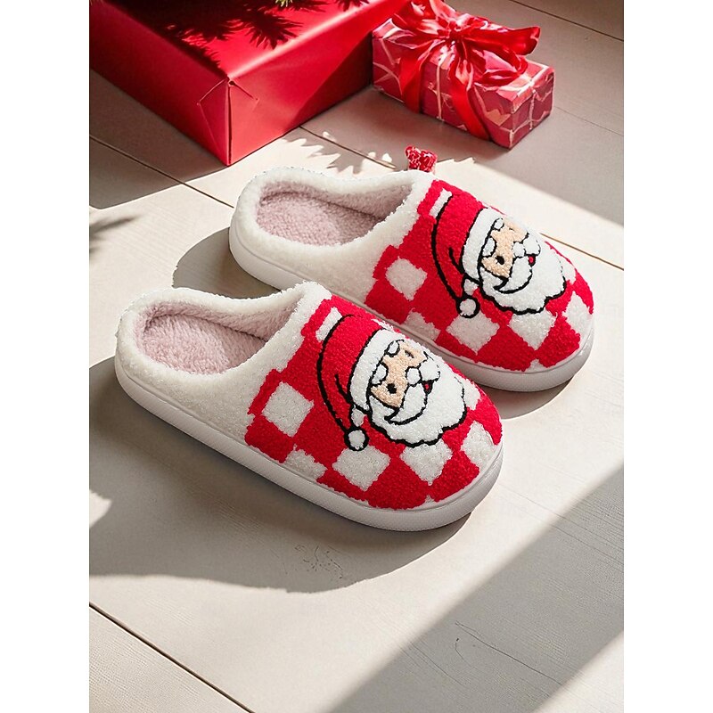 Women's Christmas Slippers with Santa Claus Pattern, Warm Indoor House Shoes for Holiday Winter Home Comfort