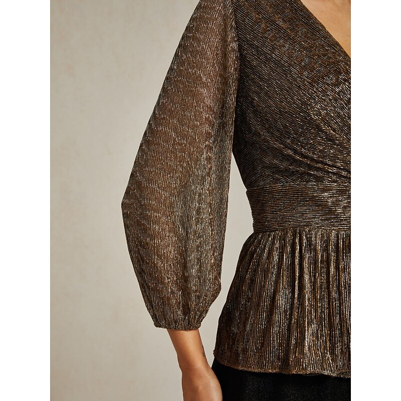 Women's Wrap Tops Sheer Blouse Dressy Tops Elegant Party Stylish Long Sleeve Lantern Sleeve V Neck Regular Tops Wedding Guest Party Evening Wear Semi Formal Pleated Metallic Brown Fall Winter3