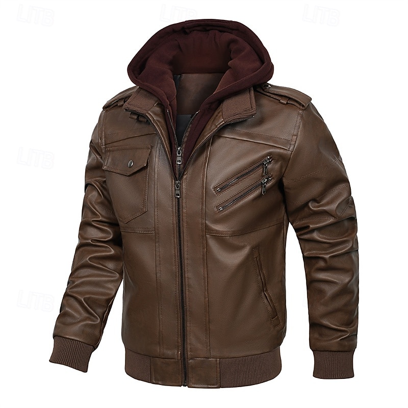 Men's Faux Leather Jacket Fleece Jacket Biker Jacket Motorcycle Jacket Vacation Daily Windproof Warm Pocket Winter Plain Fashion Classic Hooded Regular Black Brown Jacket3