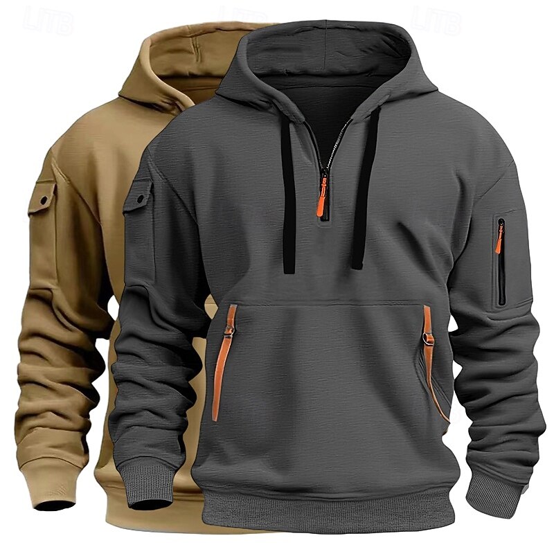 Men's Hoodie Quarter Zip Hoodie Tactical Hoodie Khaki+Black Light Gray+Blue Dark Gray+Black White+Light Gray Wine+Black Hooded Plain Zipper Sports & Outdoor Casual Daily Streetwear Cool Sportswear3