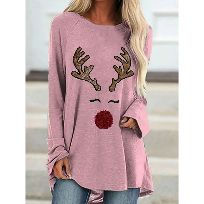 Christmas Women's T Shirt Graphic Reindeer Vintage Stylish Classic Long Sleeve Crew Neck Regular Tops Daily Going out Weekend Print Pink Blue Green Khaki Spring Fall Winter4