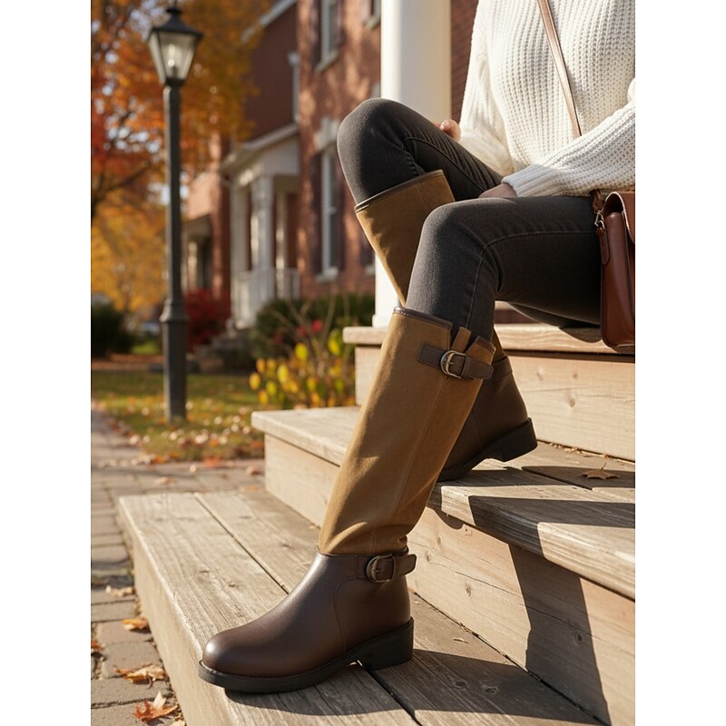 Women's Adjustable Shaft Knee High Boots - Suede and Faux Leather Combination with Buckle Detail, Fashionable Riding Style Footwear for Urban Casual Outfits and Everyday Wear4
