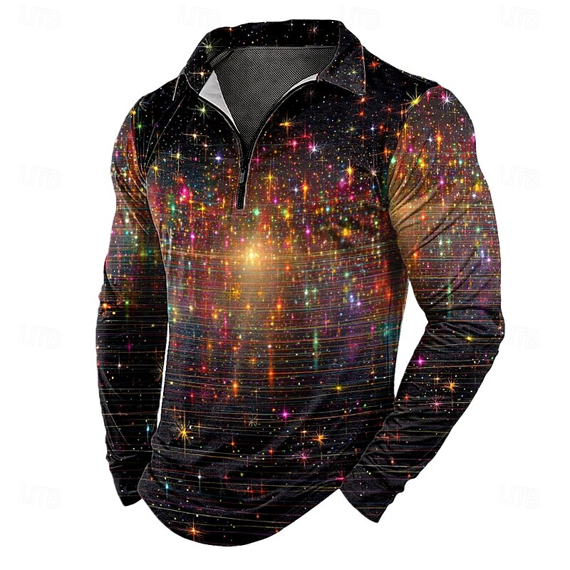 Men's Graphic Zip Polo Shirts Long Sleeve Polo Shirts Lapel Casual Outdoor Daily Wear 3D Print Fall Winter Blue Purple Orange