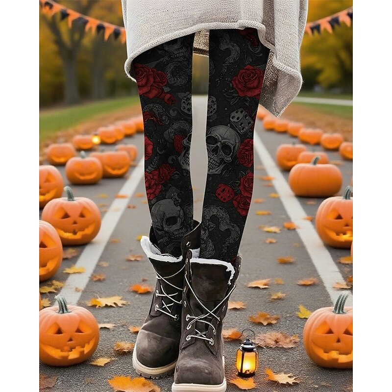 Women's Pants Trousers Leggings Cozy Leggings Streetwear Casual Full Length High WaistPantsHalloween Skull Rose Elastic Waist Print Breathability Comfortable Stretchy Vacation Street Daily Wear Dark3