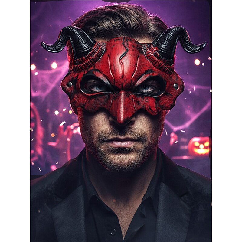 Unisex Red Devil Horn Latex Mask, Scary Gothic Horror Costume Accessory for Halloween Parties and Masquerade Balls