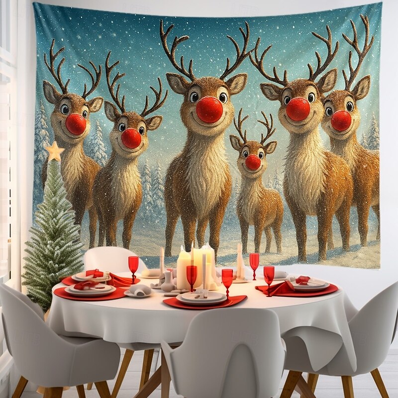 Christmas Wall Tapestry Backdrop, Adorable Reindeer Group with Red Noses in Snow Scene, 2025 Xmas Winter Holiday Wall Hanging for Bedroom Living Room Party3