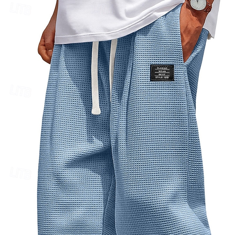 Men's Waffle Sweatpants Trousers Baggy Pants Straight Leg Sweatpants Drawstring Elastic Waist Solid Color Comfort Full Length Outdoor Daily Streetwear Fashion Classic Style Black White Inelastic2