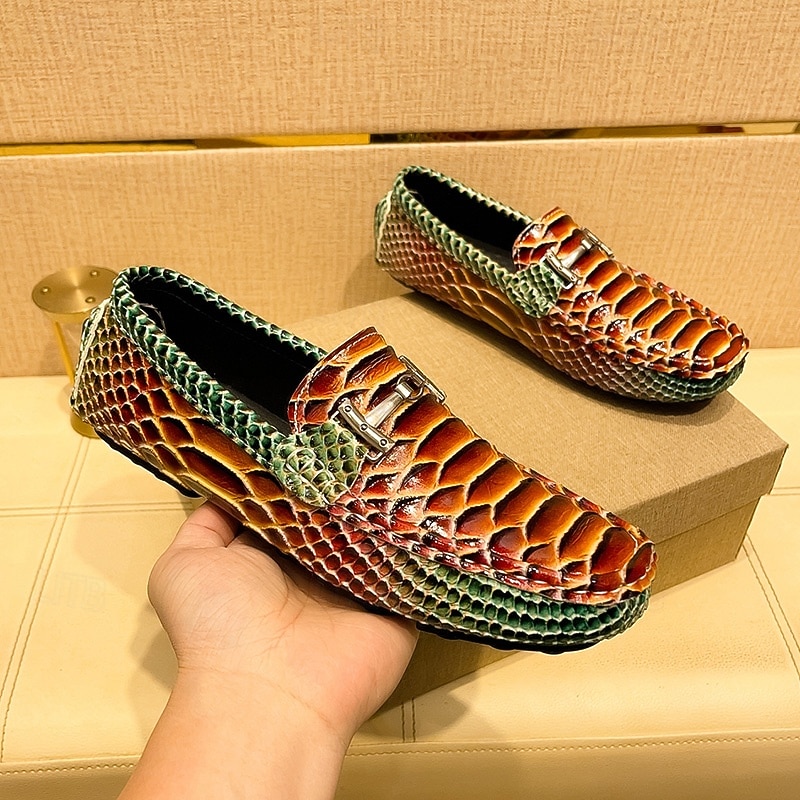 Men's Red and Orange Snake Print Loafers – Exotic Pattern Slip-On Party Shoes for Formal Events, Weddings and Nightlife4