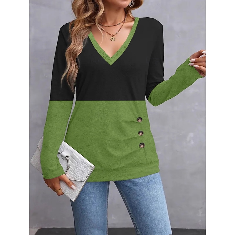 Women's Blouse Solid Color Stylish Casual Long Sleeve V Neck Regular Tops Daily Patchwork Buttons Black White Green Gray Spring Fall4