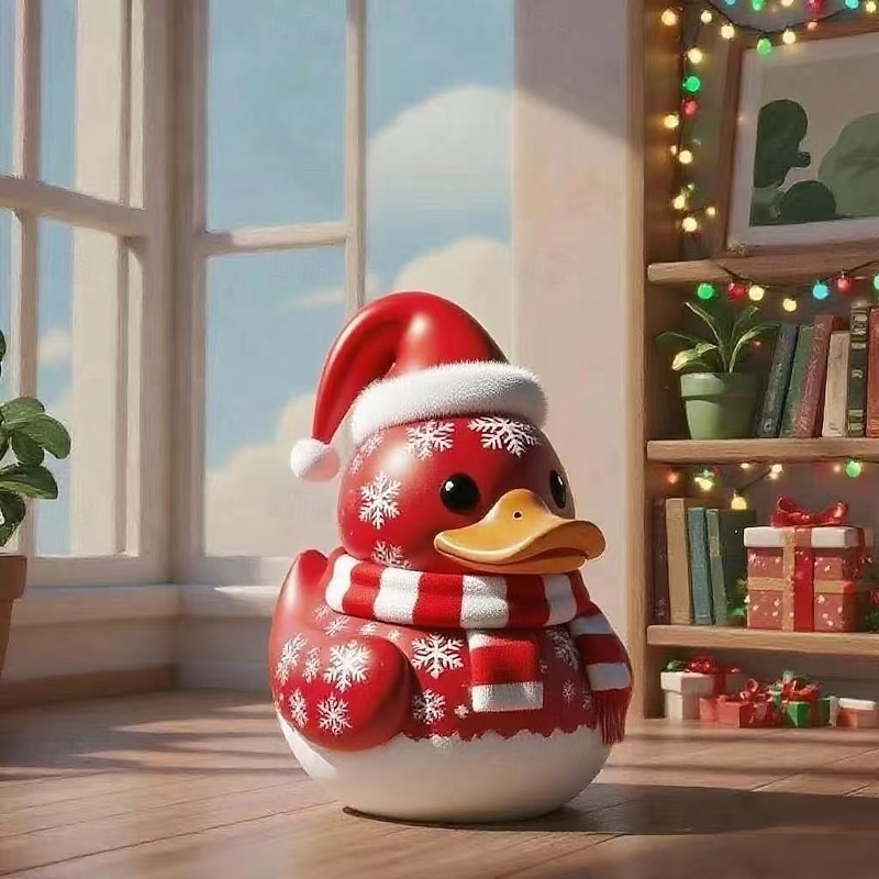 Christmas Snowman Duck Ornament Realistic Red Duck Figurine with Burgundy & White Striped Beak & Feet Resin Christmas Duck Statue for Outdoor Holiday Home Decor Swimming Pool or Garden Ornament