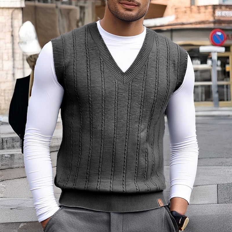 Men's Sweater Vest Dress Sweater Pullover Sweater Jumper Vest Knit Sweater Ribbed Knit Regular Tops Knitted Plain V Neck Fashion Casual Vacation Daily Wear Clothing Apparel Fall Winter Black Dark Navy3