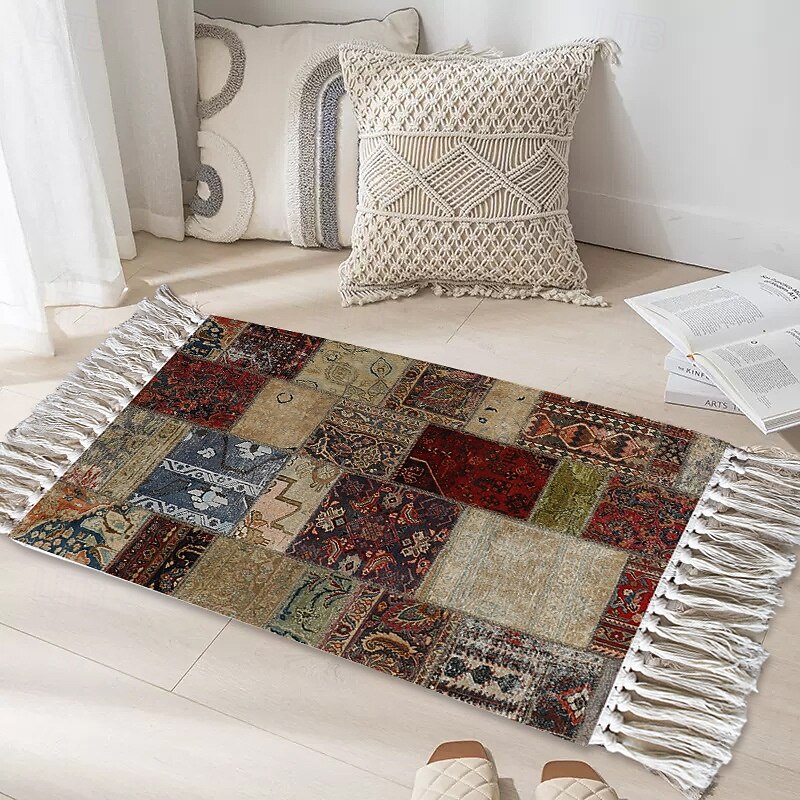 American Vintage Woven Rug Hand Knotted Tassel Floor Mat For Living Room Home Decorative Carpet Coffee Table Patchwork Area Rug Soft Durable Washable Accent Carpet4