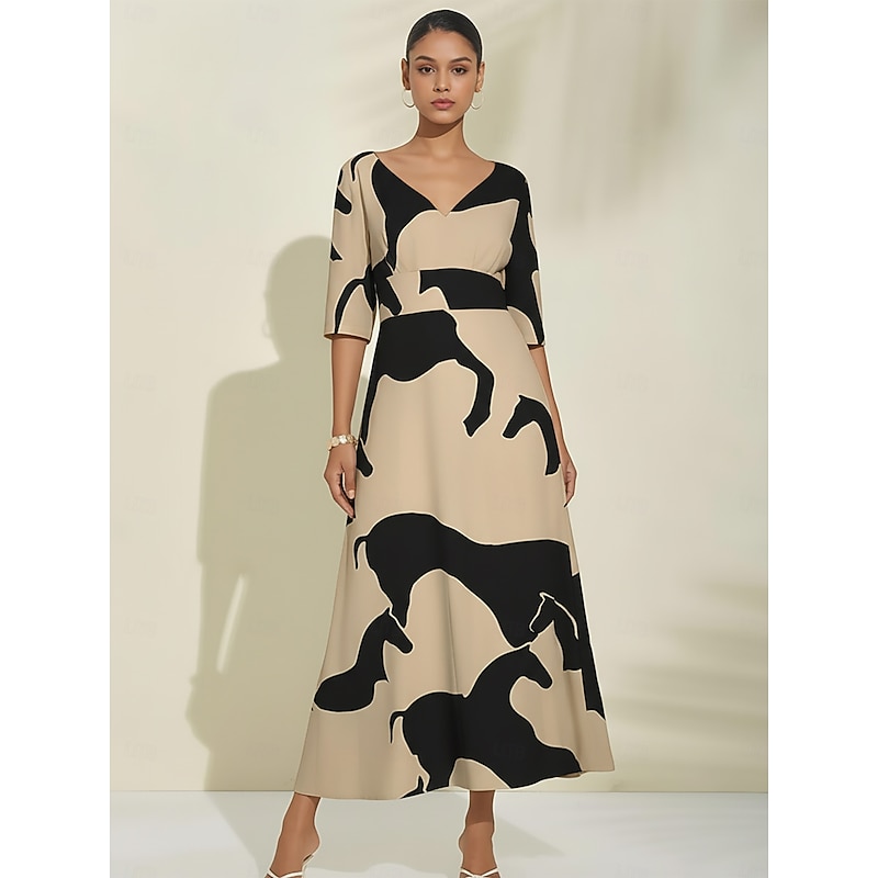 Women's Maxi Dress Satin Abstract Geometric Color Block V Neck Dolman Sleeve Waist Tie Elegant Spring Summer Fall