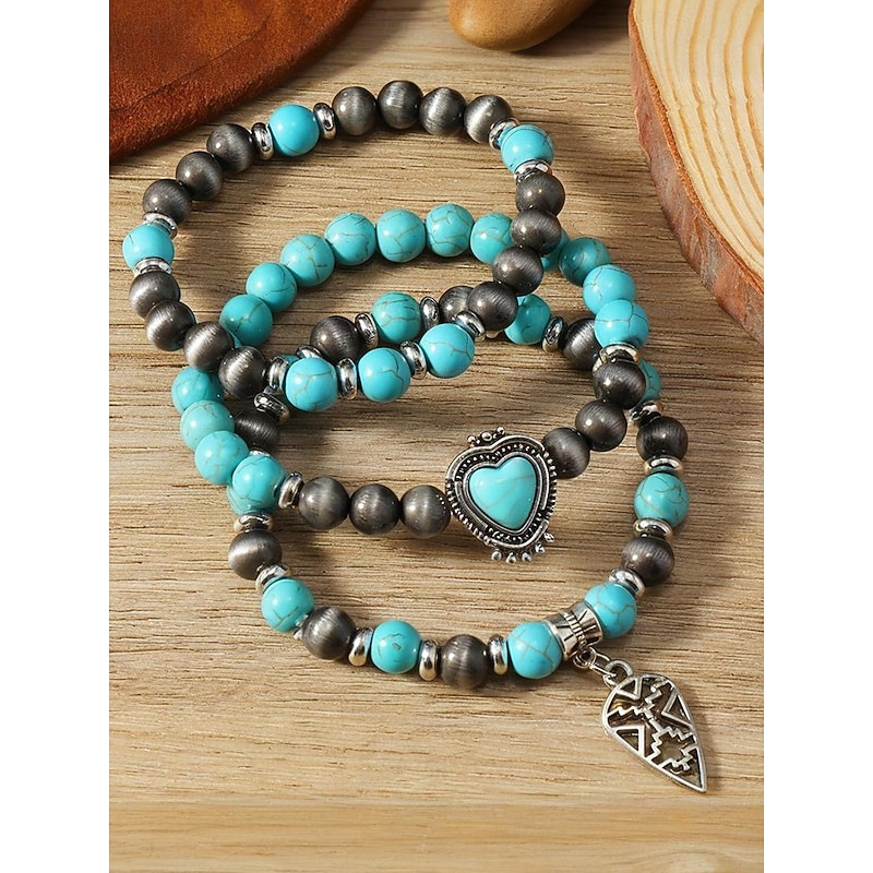 Women's Turquoise Beaded Bracelet Set with Heart Pendant, Bohemian Layered Stretch Wristband Jewelry for Casual Wear, Parties and Gifts4