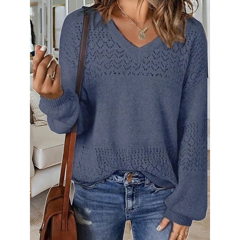 Women's Sweater Casual Soft Pure Color Ribbed V Neck Knitted Long Sleeve Regular Tops Knit Outdoor Daily Weekend Blue Brown Fall Winter3