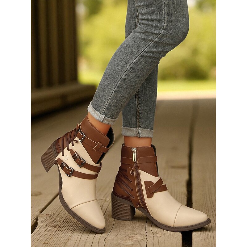 Women's Beige Ankle Boots with Buckle Straps – Retro Block Heel Short Boots for Streetwear and Fall Outfits3