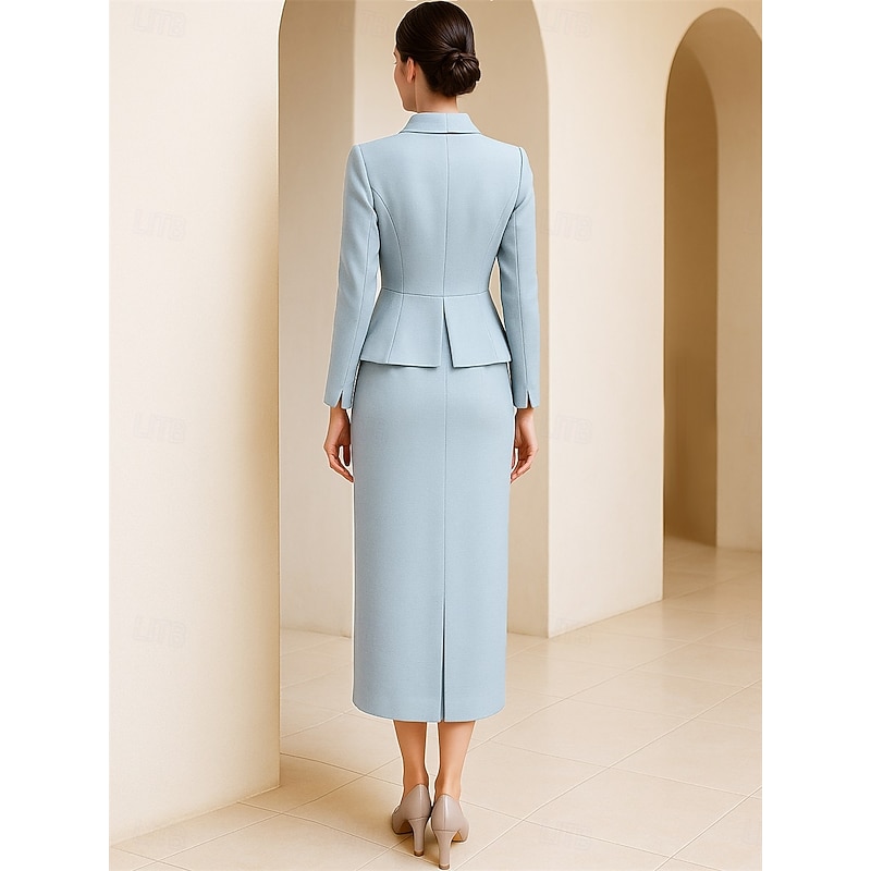 Sheath / Column Mother of the Bride Dress Elegant Vintage Shirt Collar Tea Length Spandex Polyester Long Sleeve Jacket Dresses with Color Block2