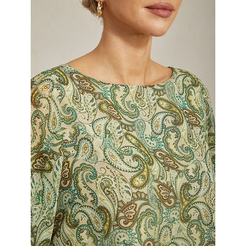 Women's Blouse Green Paisley Floral Layered 3/4 Sleeve Loose Fit Round Boat Neck Casual Elegant Spring Summer4